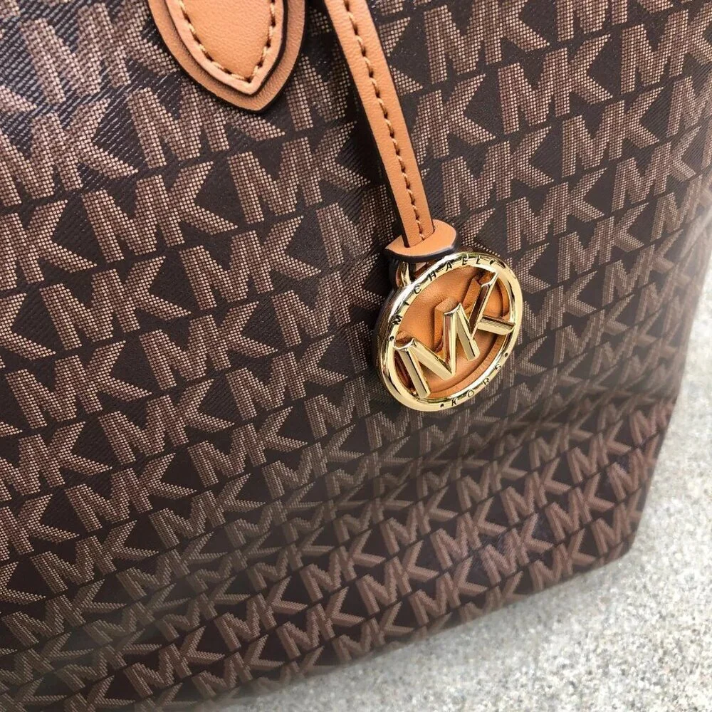 MICHAEL KORS Eliza All Over Tote Bag Purse Monogram Shoulder Bag Brown East West
